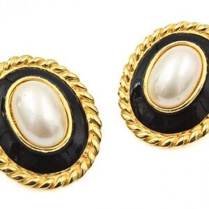 Gold Tone w/Black Enamel and Marvella White Pearl Earrings